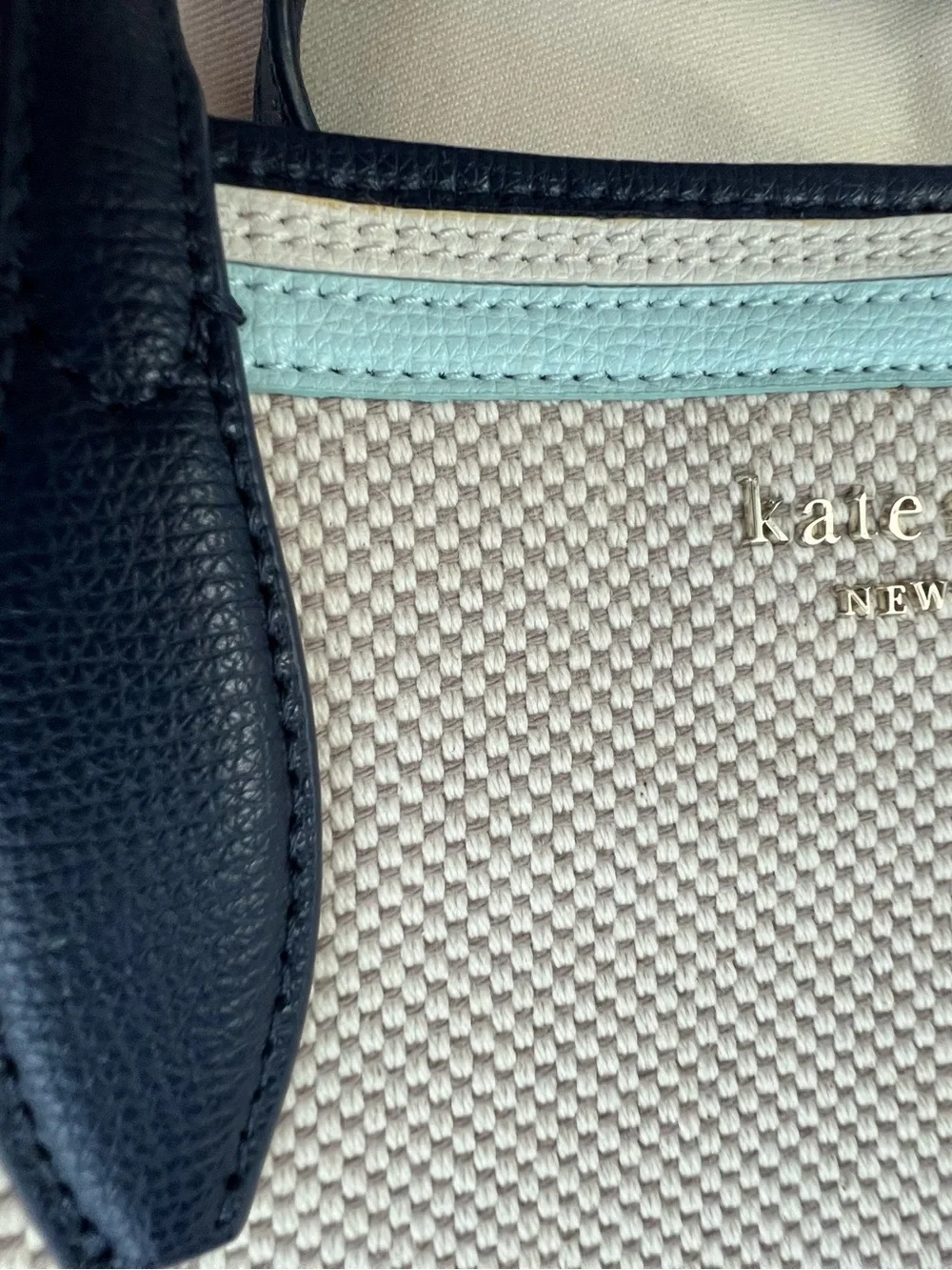 kate spade Cream Canvas Tote with Navy Handles and Aqua Trim